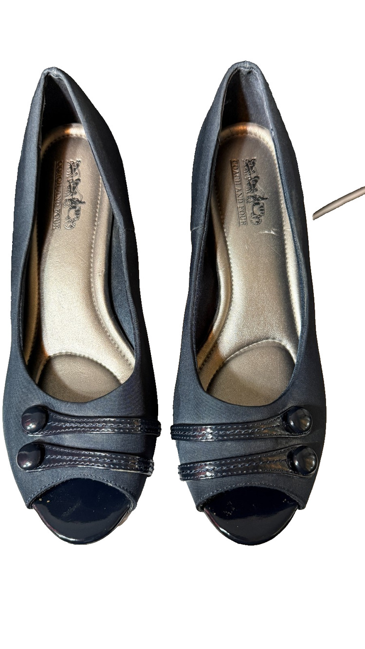 Coach and Four Laura Black Satin Peep Toe Pumps block Heels Womens Size 7.5